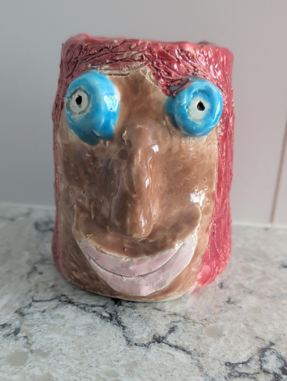 Whimsical Hand Sculpted Ceramic Face Vase or Planter